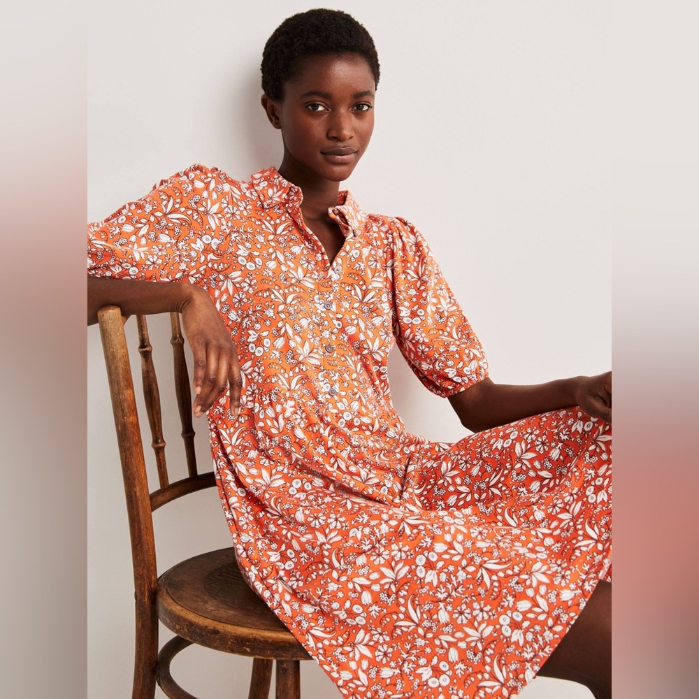 BODEN Mini Jersey Shirt Dress Orange Tigerlily, Wildflower Print Size 6R